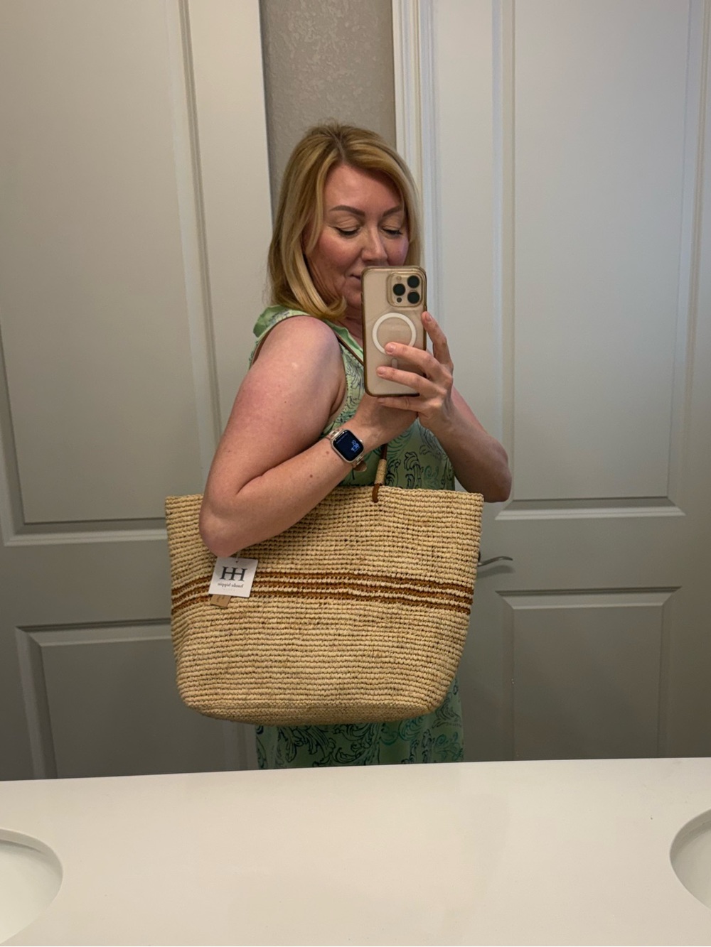 NWT Haute Hippie Natural Straw Tote with Brown Stripe and Brown Leather Handles - Picture 14 of 14